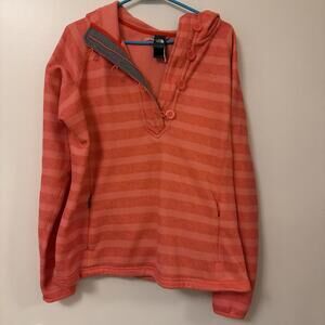 North Face Women’s Hoodie Orange Striped Fleece Lined Pullover Size Large